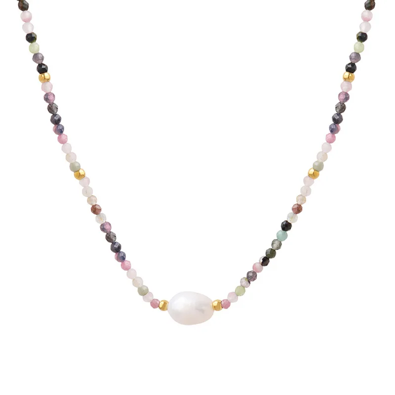 

JTN003 Natural Rainbow Tourmaline Stone Beads Freshwater Pearl Necklace Women