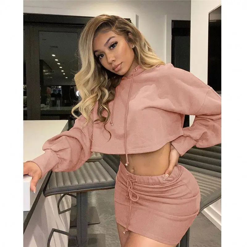 

Nightclub clothes sexy hooded strappy solid color skirt suit two-piece set