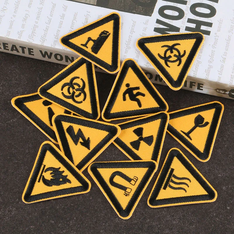 

hot sale yellow black color traffic fire triangle sign design iron on embroidered fabric patches for uniform clothes