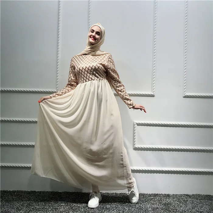 

Dubai abaya kaftan islamic fashion sequin chiffon dress, Black, beige