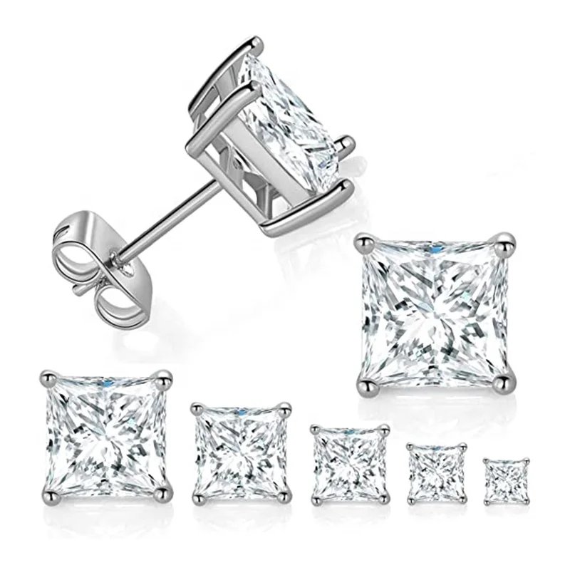 

2022 korean trendy Sterling Silver big Stud Earrings Square Cut diamond Hypoallergenic Earring for Women Men minimalist jewelry