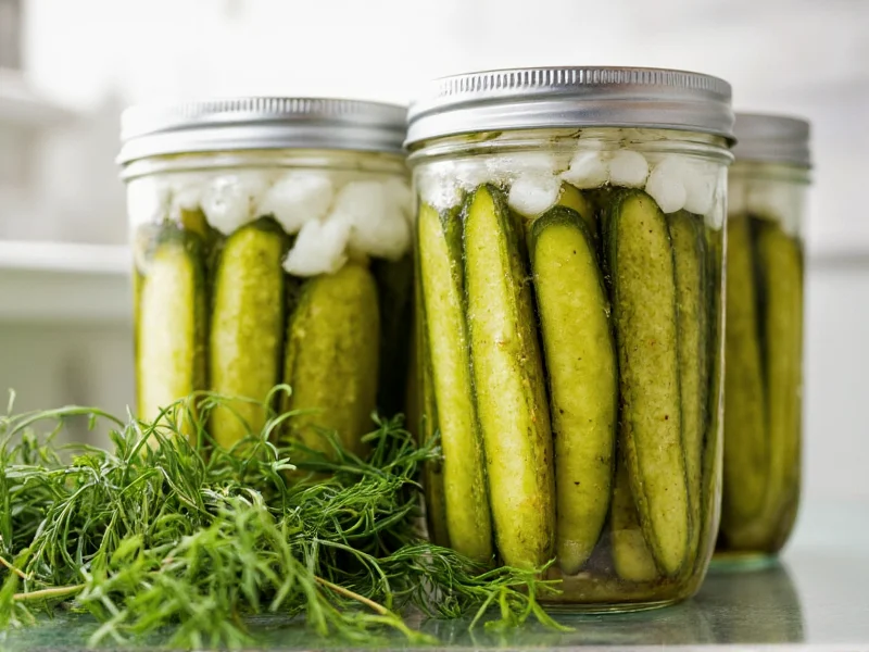 Homemade dill pickles stored in refrigerator with fresh dill garnish