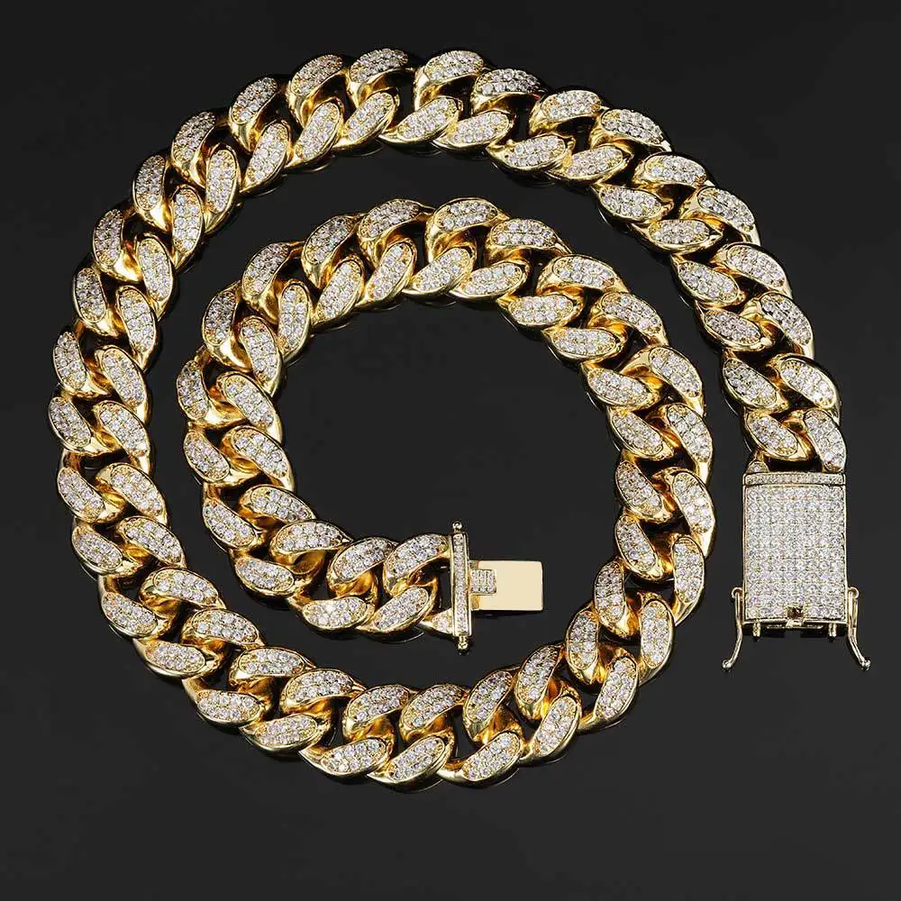 

Finish Men's 20mm Heavy Iced out Miami Cuban Link Necklace Choker Hip hop Jewelry Gold Color Chain with box