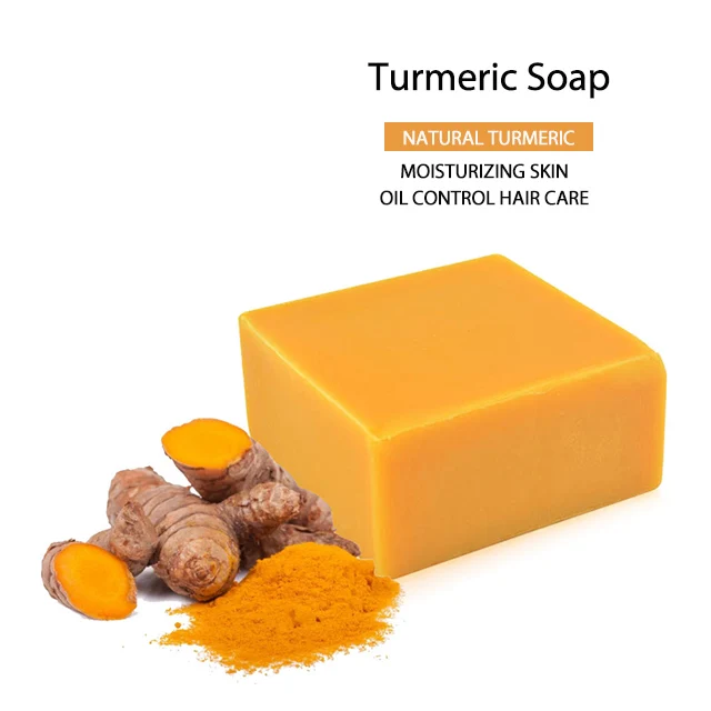 

Wholesale Hand Made Bleaching Dark Spots Acne Turmeric Face Soap Skin Whitening Toilet Turmeric Herbal Soap, Customized color