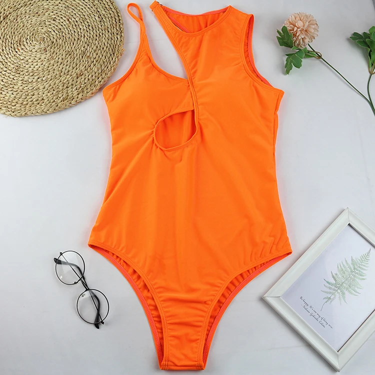 

2021One Piece Swimming Suits Monokini Swimsuits Sexy Solid Color Hollow Out Padded Summer Bathing Beach Wear Women Lady New, Black,orange