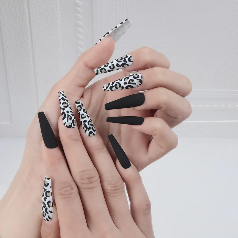 

2022 newest 24pcs press on nail black false nail leopard print long ballet nail detachable artificial fingernail