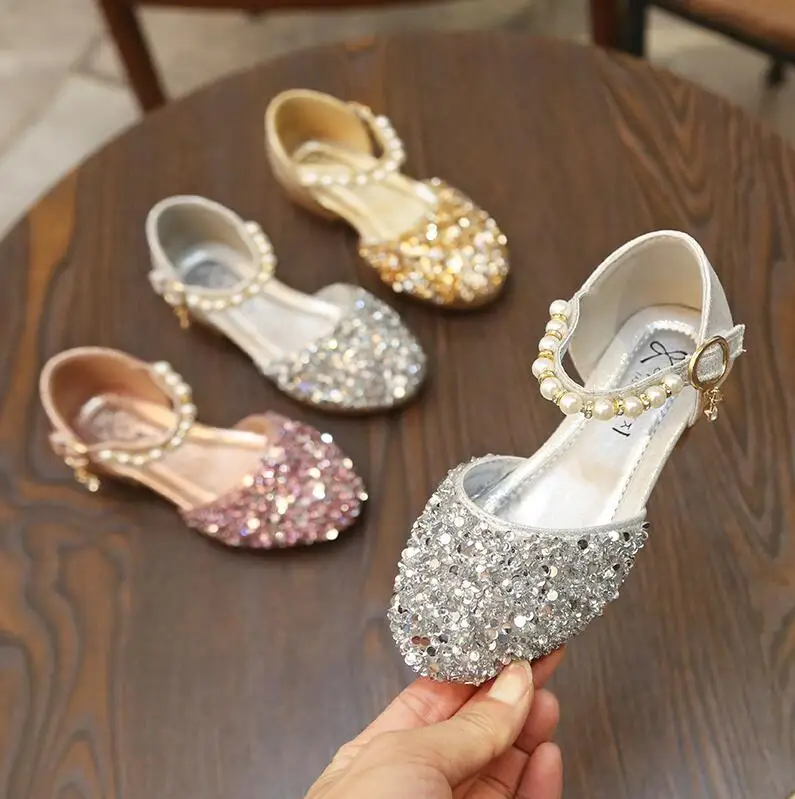 

New Crystal Sandals Girls Shiny Pearl Sequins Summer Shoes Children Beach Sandals For Girls Princess Shoes Kids Size, As show