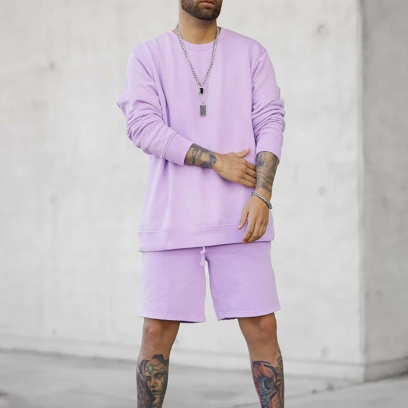 

Spring And Autumn Vintage Mens Sweatshirt Set Cotton Loose Hoodie Side Pockets Shorts Elastic Waistband
