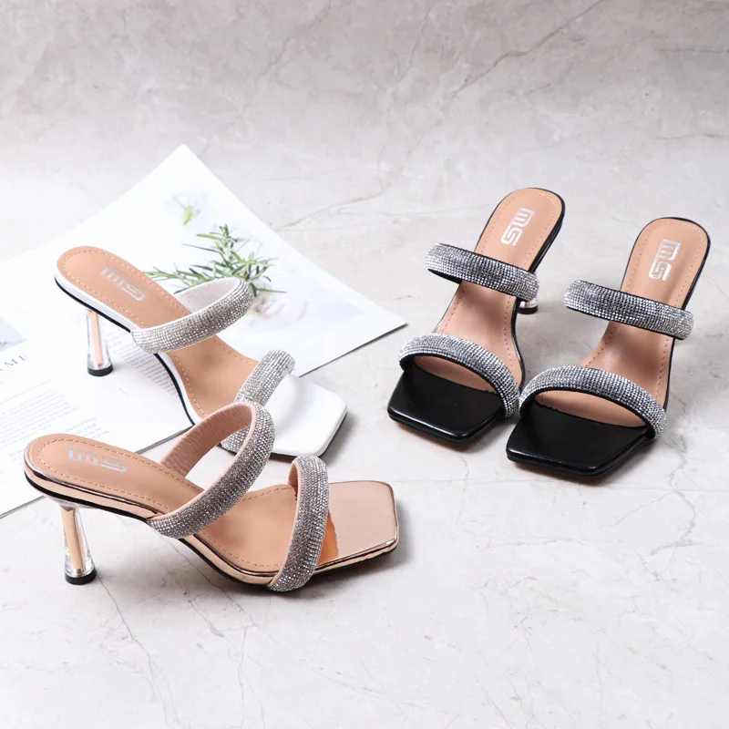 

Summer New Designs Stylish Trendy Ladies Leather Square Sexy Pumps High Heel Shoes Two Strap Rhinestone Heeled Sandals for Women