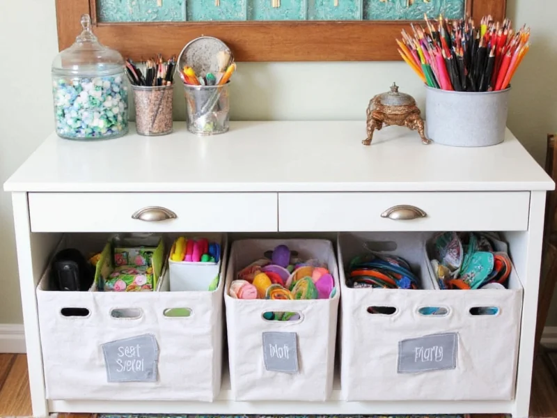 Organized craft station with labeled bins for recycled materials
