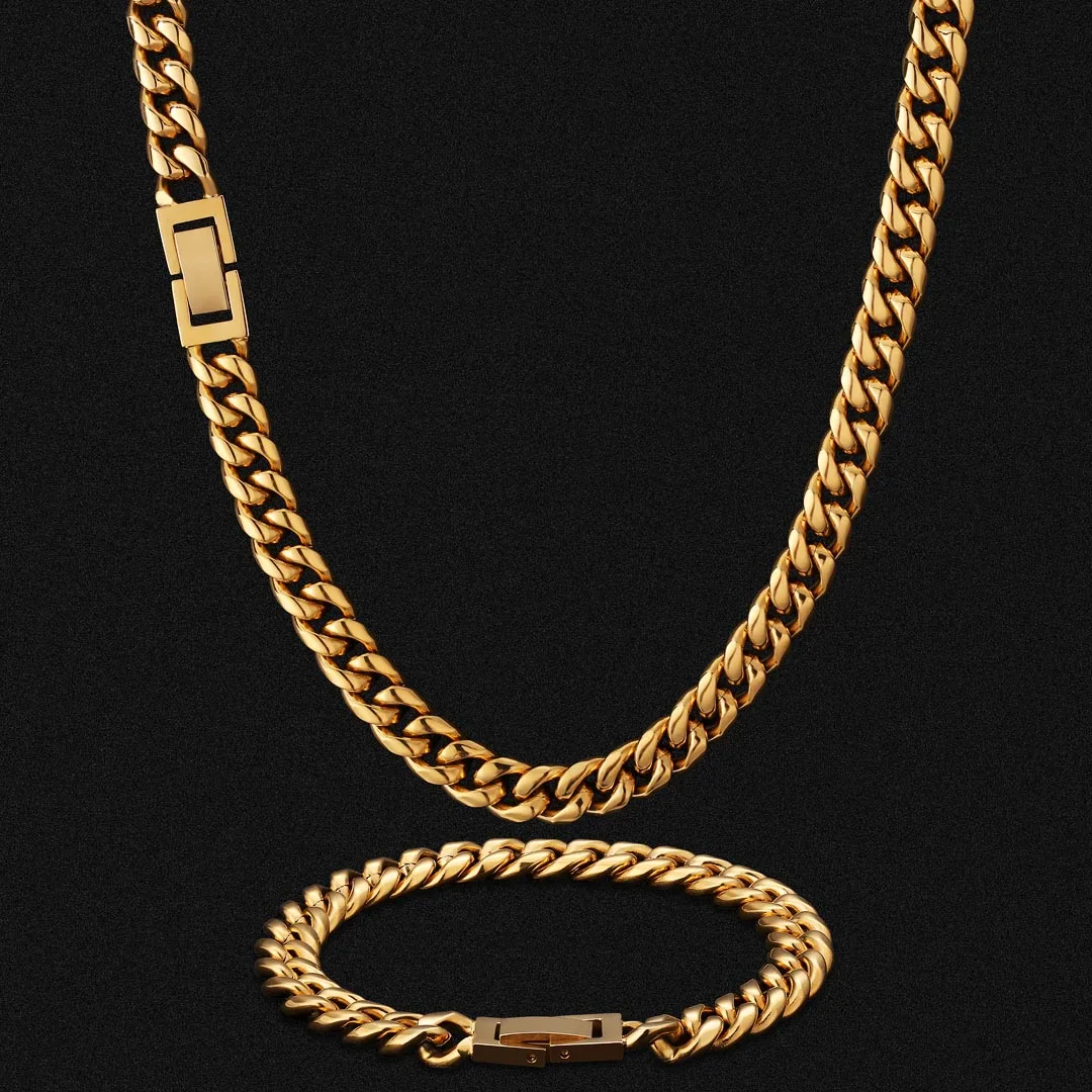 

KRKC Drop Shipping 1pcs Service 8mm 18K Gold Plated Miami Stainless Steel Cuban Link Chain Necklaces