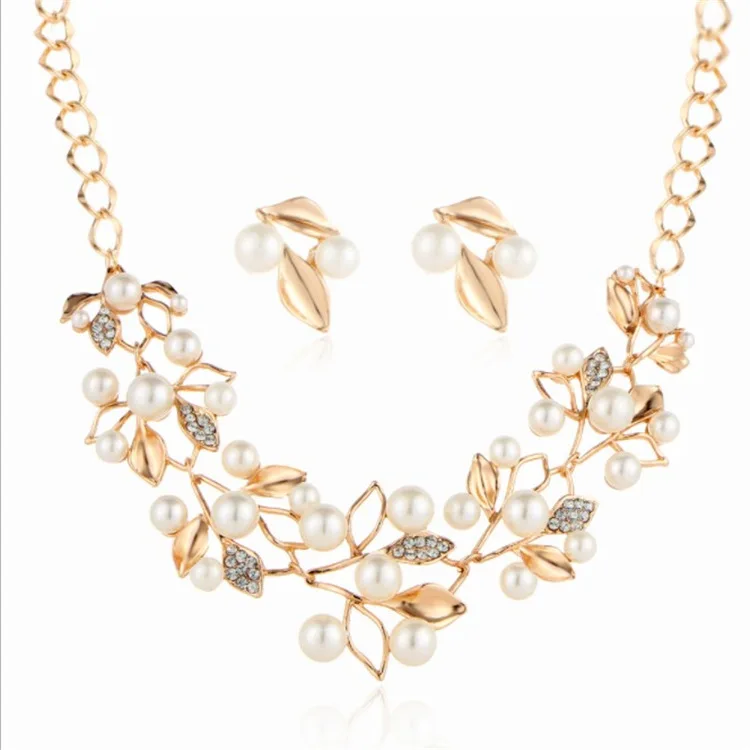 

European and American fashion sweet set chain temperament wild pearl diamond necklace bridal earring set, 2 colors available