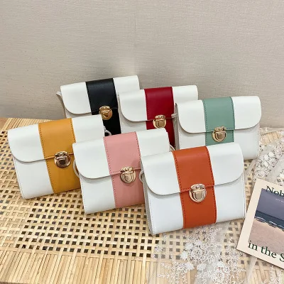 

G090 wholesale fashionable messenger sling bags women simple joker contrast color satchel bag with buckle, Yellow,red,green,black,pink,orange