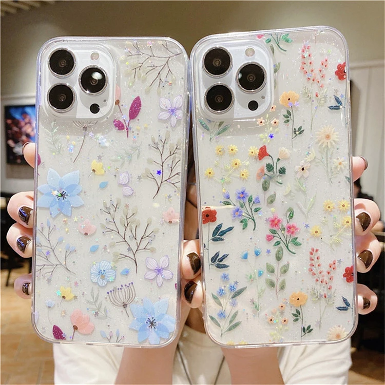 

Retro Florals Transparent Glitter Phone Case For iPhone 11 12 13 Pro Max X XR XS Max 7 8 Plus SE 2020 Bling Soft TPU Back Cover