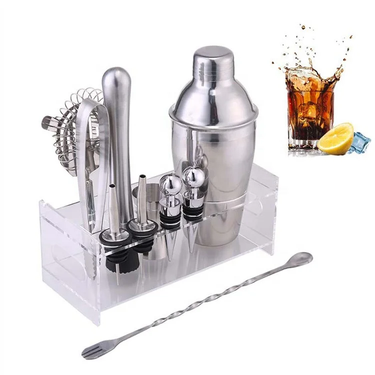 

350ml 550ml 750ml Stainless steel shaker 10 pcs cocktail bar tool bartender kit with acrylic stand, Sliver