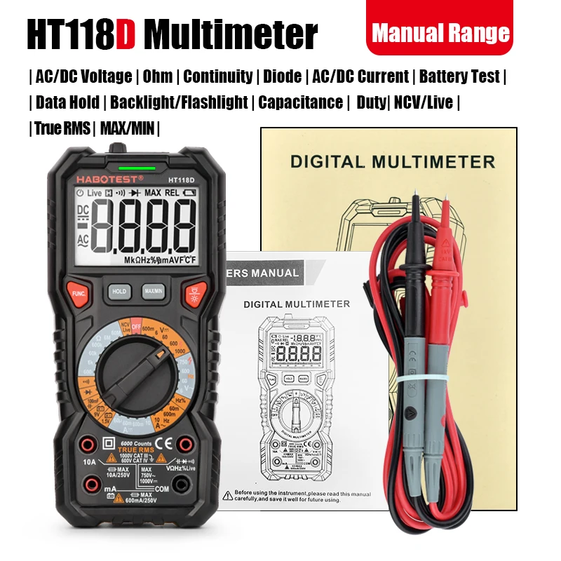 
Habotest HT118A 6000 Counts True RMS LCD Smart Multimeter Tester Professional Meter for Capacitance test 