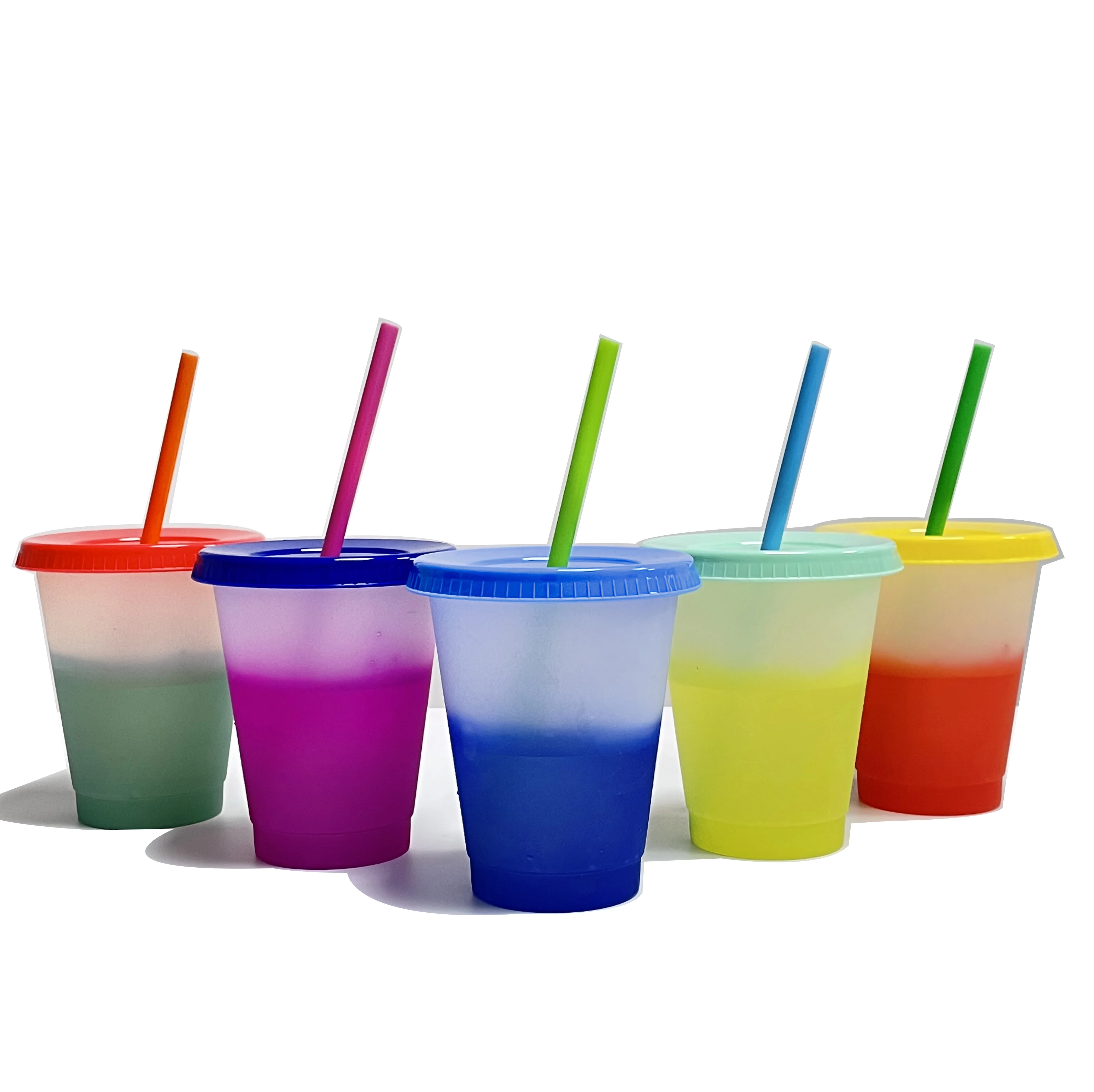 

16oz summer set of 5 clear kids cold clear color changing plastic cups with lids and straws sets, Pastel/ translucent