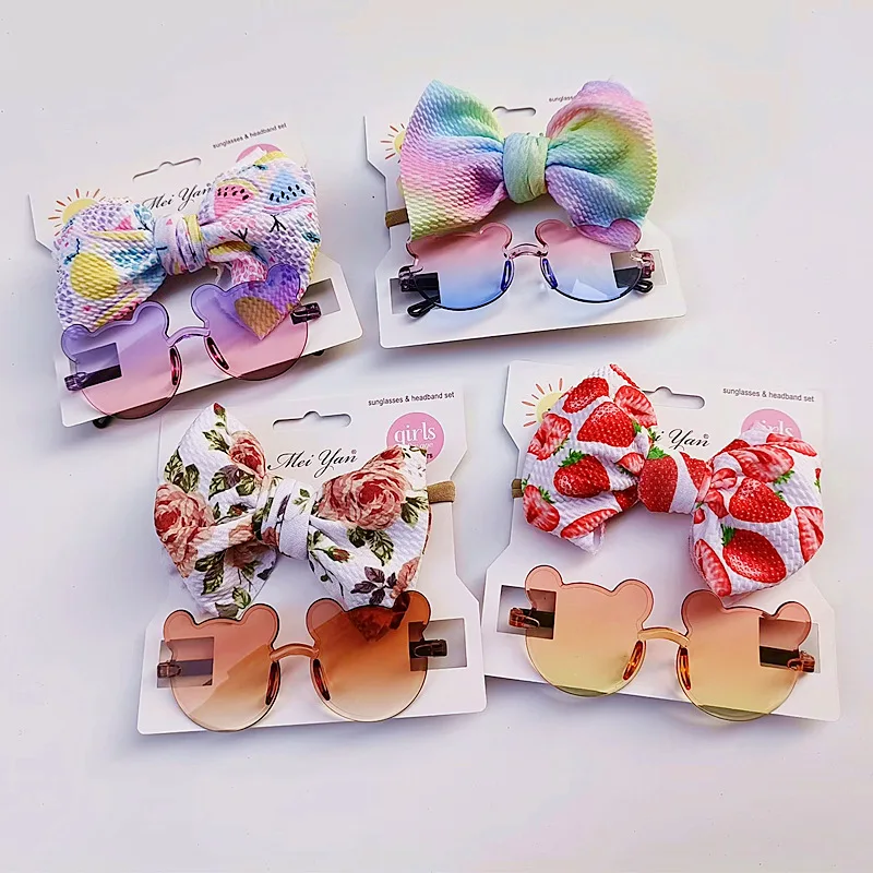 

RTS 2pcs/set Kids Photo Props Gift Baby Girls Cute Anti-UV Cartoon Flower Sunglasses Sunglass And Bow Knot Headband Set