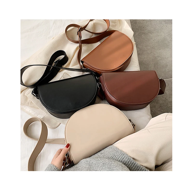 

Fashion Half Moon Saddle Bags Fashion Women Solid Color Shoulder Bag Simple Designer Belt Messenger Bag PU Leather Female Sac