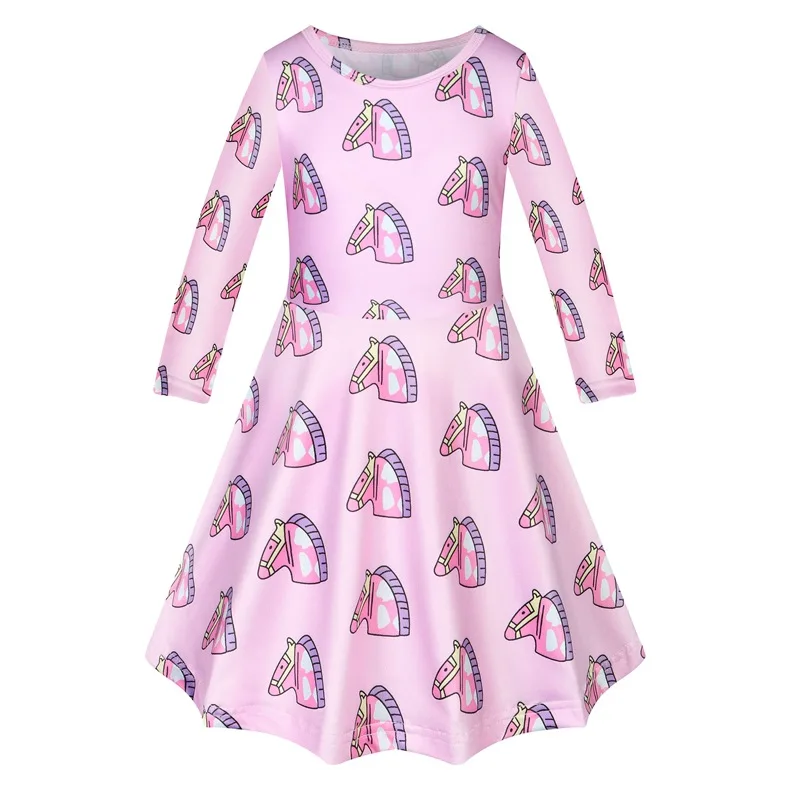 

New Model Kids One Piece Twirl Swing Skirt Colorful Unicorn Printed Long Sleeve Casual Girls Dresses