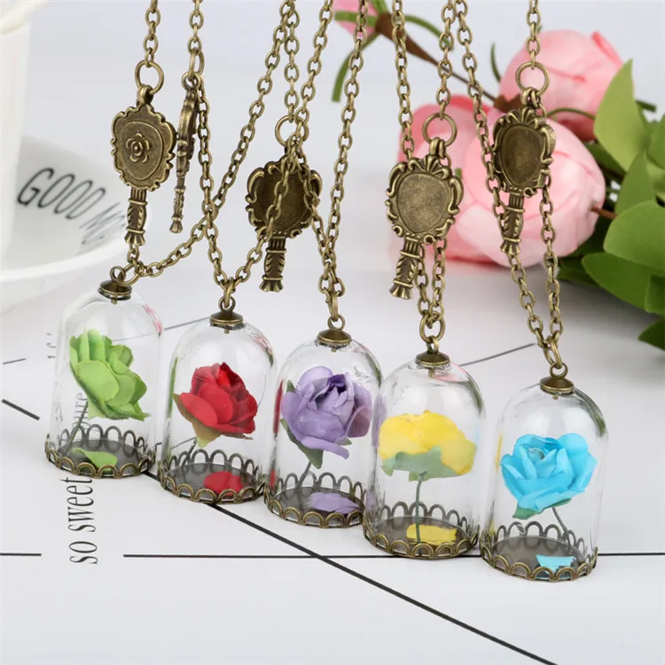 

Beauty and the Beast Glass Cover Dried Flower Necklace Long Key Butterfly Couple Necklace, Picture shows