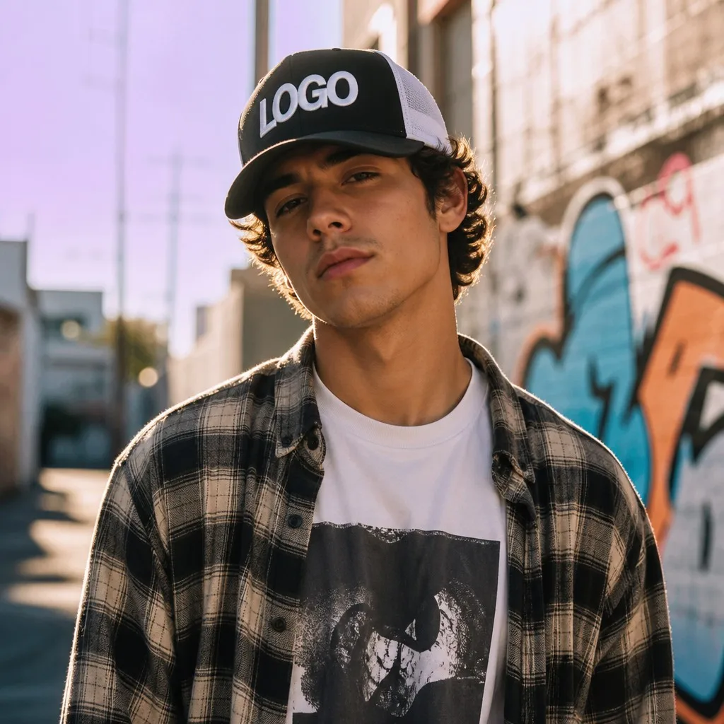Young Male in Flannel Shirt Standing in Sunlit Urban Alley Wearing 3D Puff Embroidered Trucker Cap