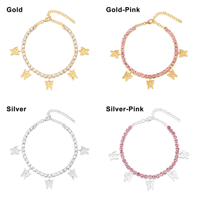 

AAM0010 hot sale gold silver pink rose gold iced out jewelry necklace butterfly bracelet anklet