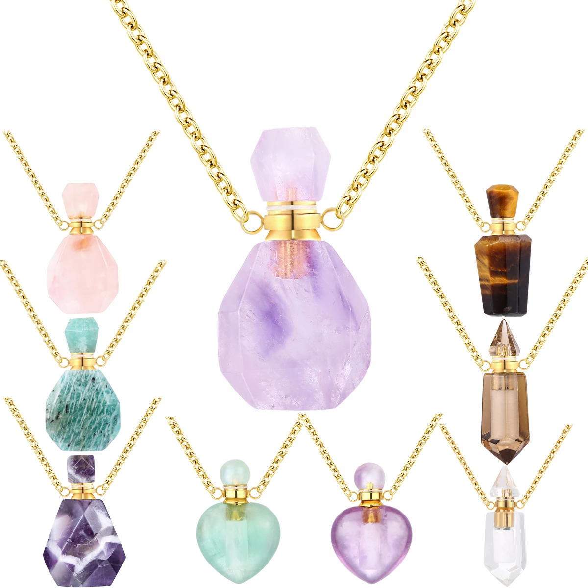 

quartz stone healing accessories essential oil bottle aromatherapy vial perfume real natural crystal necklace, Different color is available