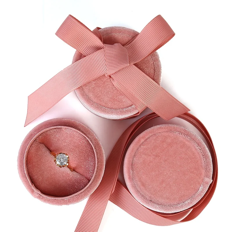 

Pink Velvet Jewelry Gift Boxes Custom Logo Velvet Ring Box Packaging Round Velvet Gift Box With Lid Jewelry Clear Pvc, Pink blue grey green