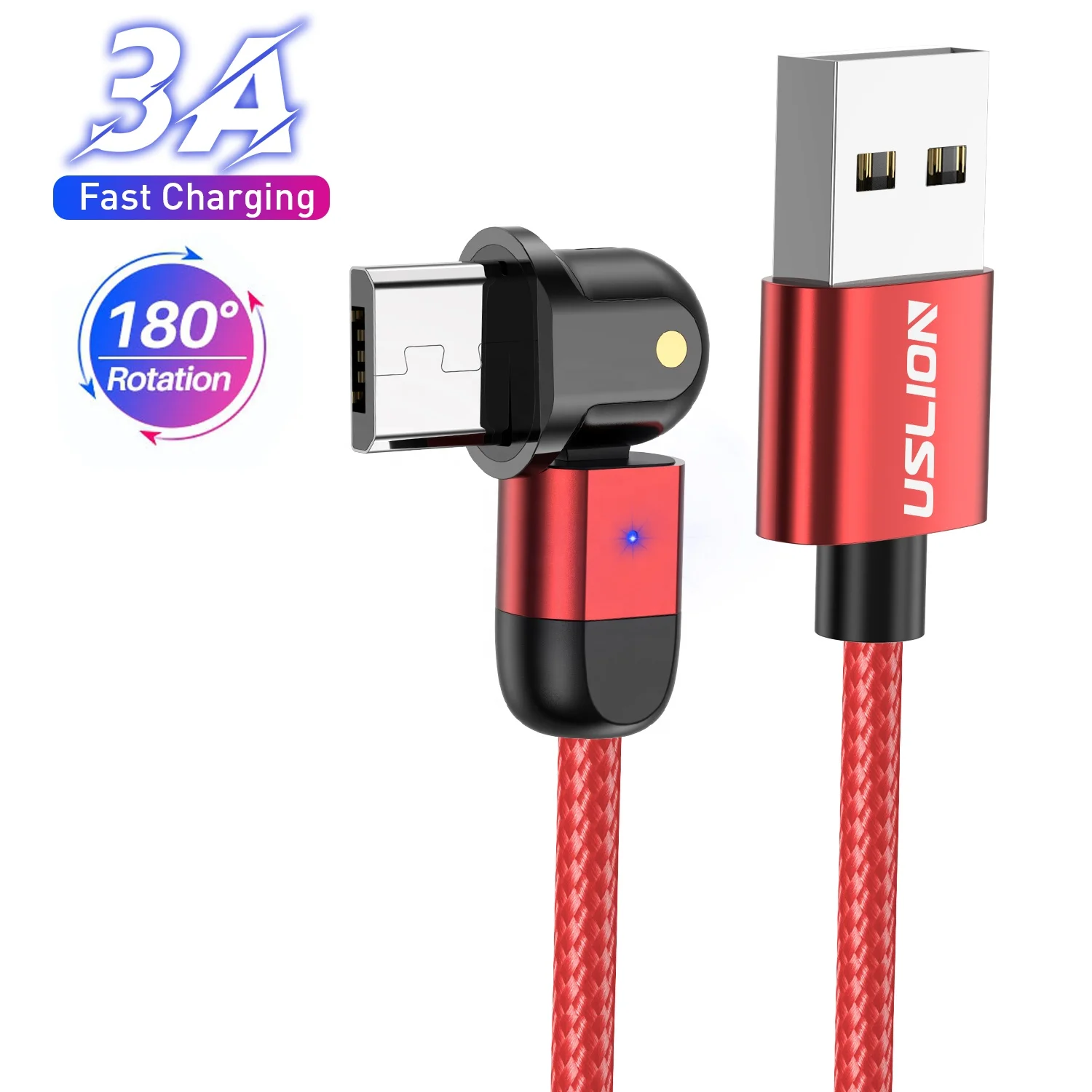 

USLION 2021 Amazon Wholesale On stock round 180 free rotation data cable micro cell phone fast charging micro usb cable, Black/red/silver/purple