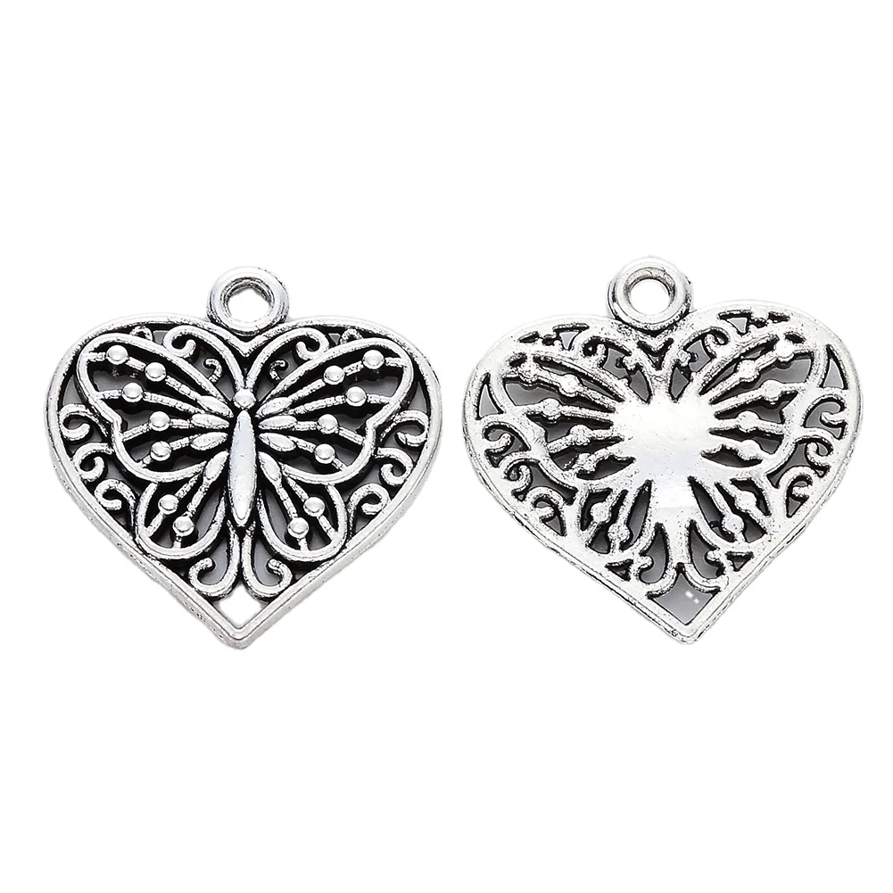 

PandaHall Heart with Butterfly Tibetan Style Jewelry Alloy Pendants, Antique silver
