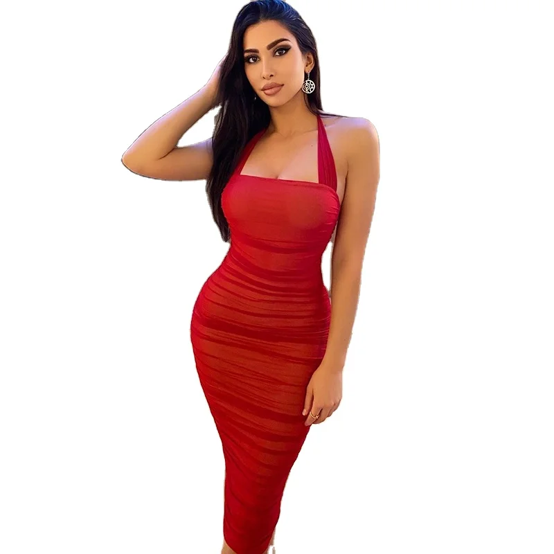 

2021 Ladies Sexy Pure Color Elegant Dress Halter Halter Club Tight Dress