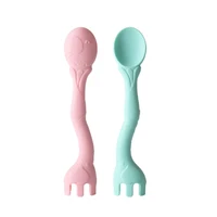

BPA Free Soft Tip Adult Feeding Bowl Spoon 2 In1 Silicone Baby Safety Training Spoon And Fork Set Leaning Spoons For Babies