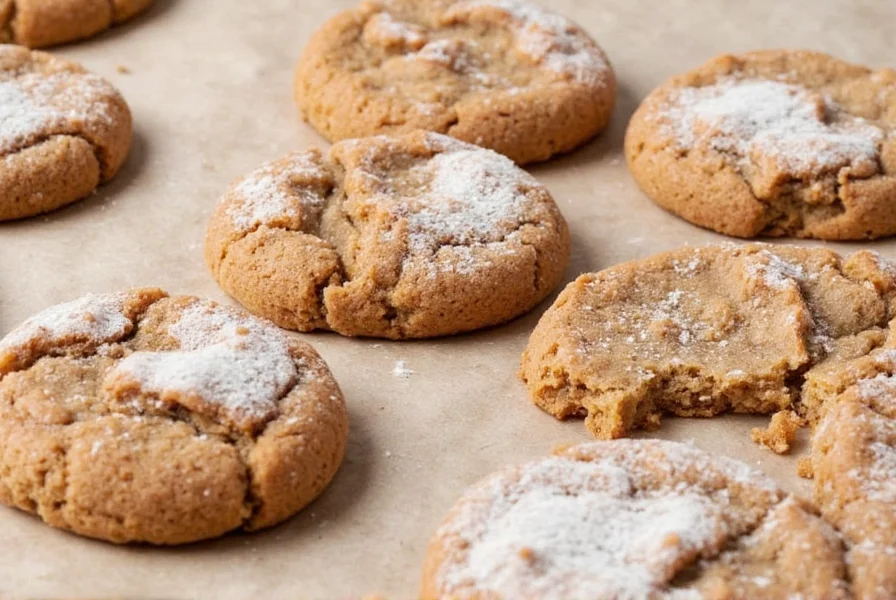 Perfectly baked ginger cookies with crackled tops on parchment paper