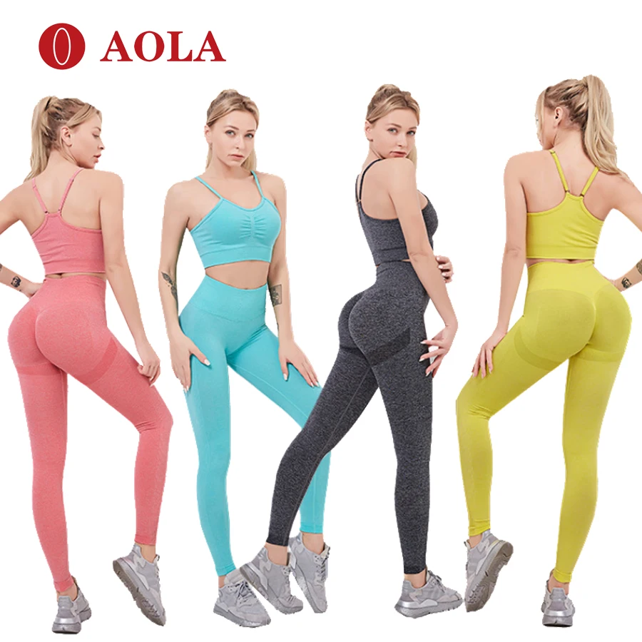 

aola 2 pieces female fitness high waist yoga bra seamless gym set, Blue/yellow/wine red/orange