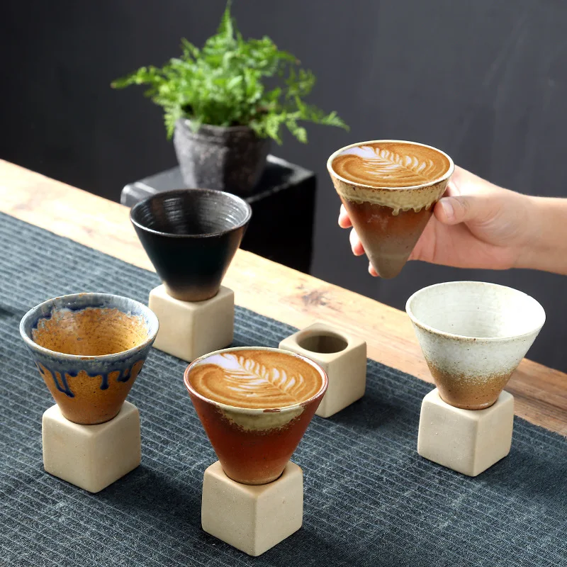

Japanese style coarse ceramic mug retro creative hand-pulled glaze latte pottery coffee cup with base