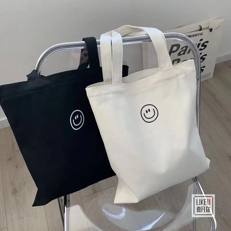 

new design wholesale large shopping shoulder bags cotton student girl women's custom smile heavy duty canvas tote bag