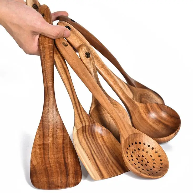 

Amazon hot sale 7 pcs custom logo kitchen serving spoon spatula teak wood utensil cooking set, Natural wood