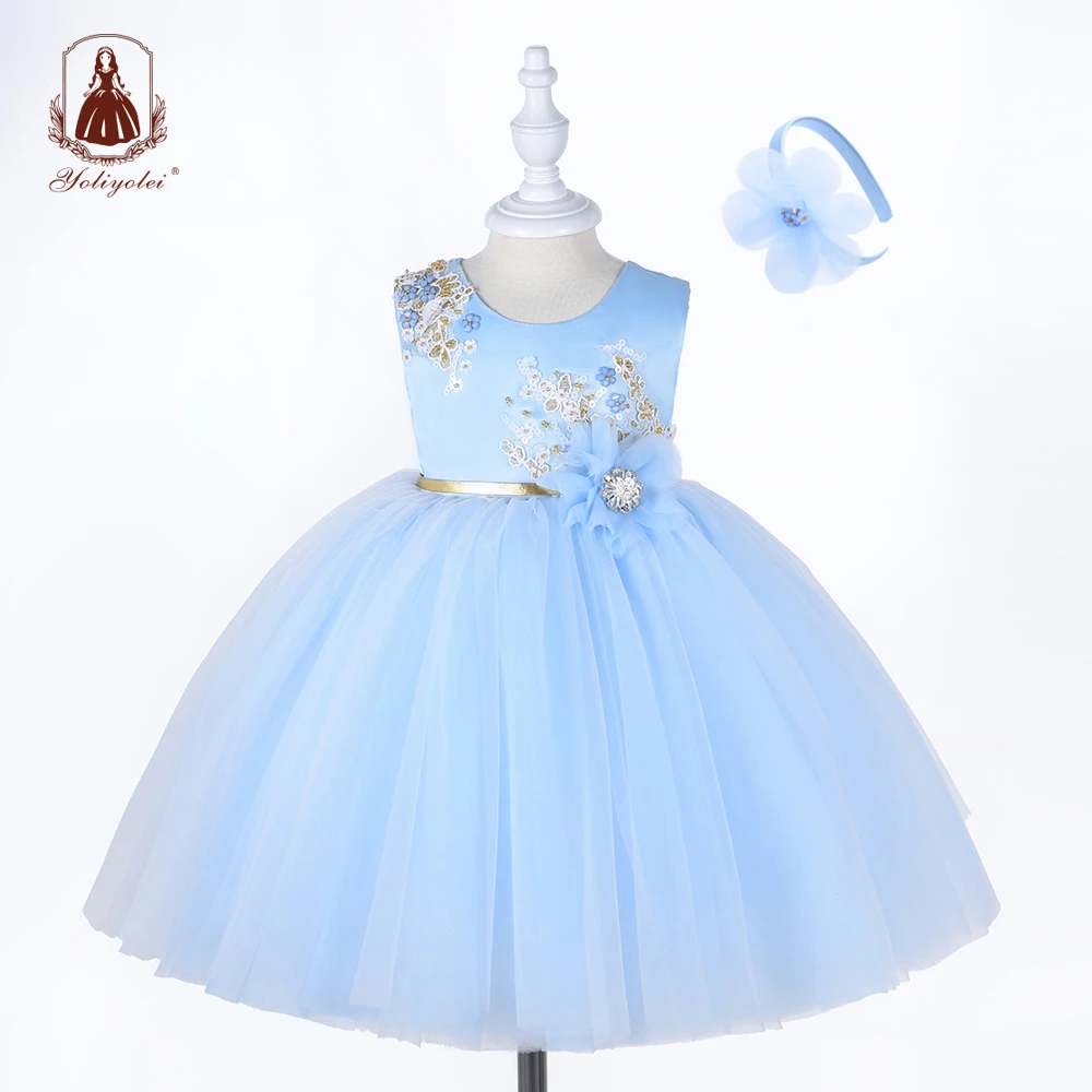 

2020 Wholesale Sleeveless Blue Formal Embroidered Sequin Fluffy Prom Wedding Flower Girls' Dresses For Party, Blue,pink,white,customized color