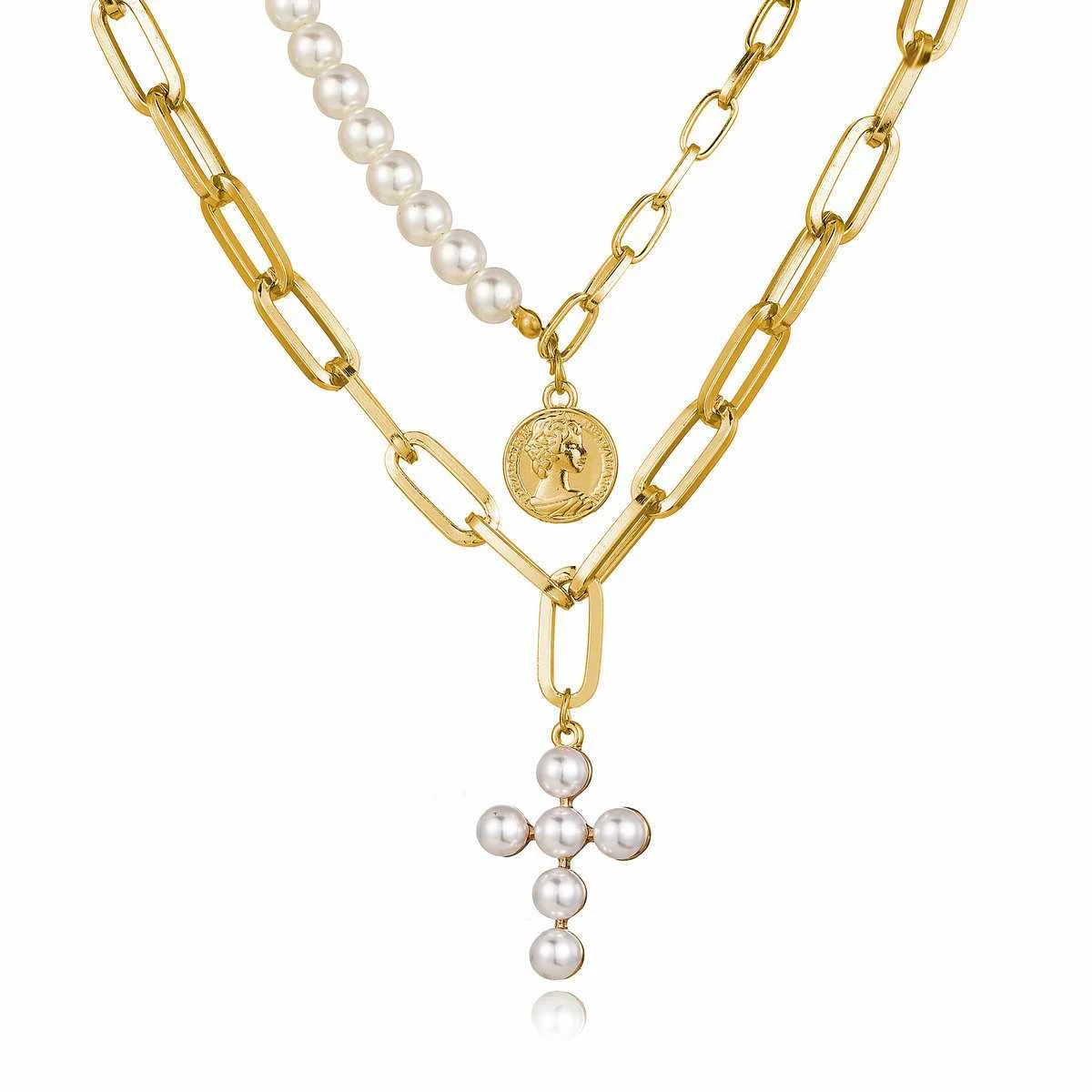 

2 Layers Alloy Chunky Chain Mix Pearl Choker Necklace for Women Portrait Cross Charm Pendant Necklace Jewelry for Female