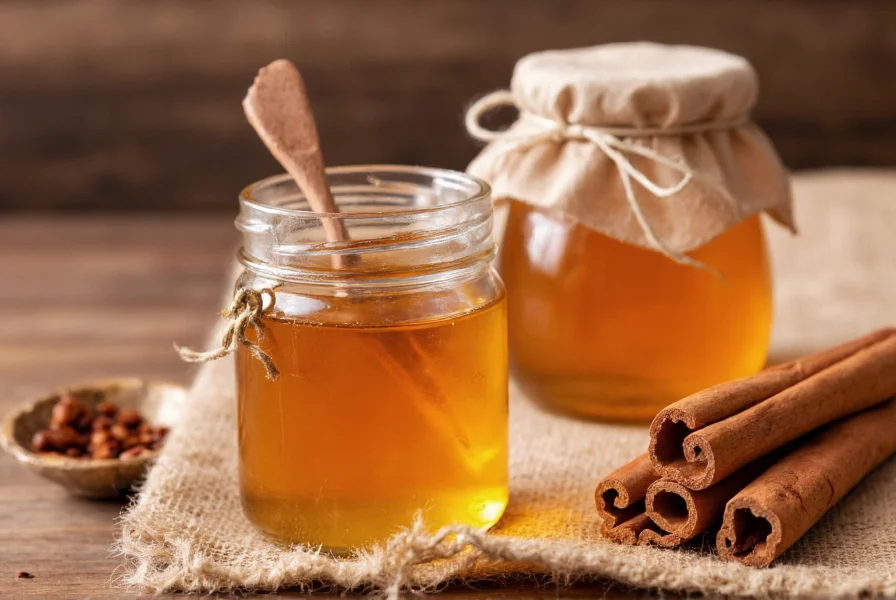 Hands preparing honey and cinnamon mixture in glass jar with measuring spoons showing precise ingredient ratios