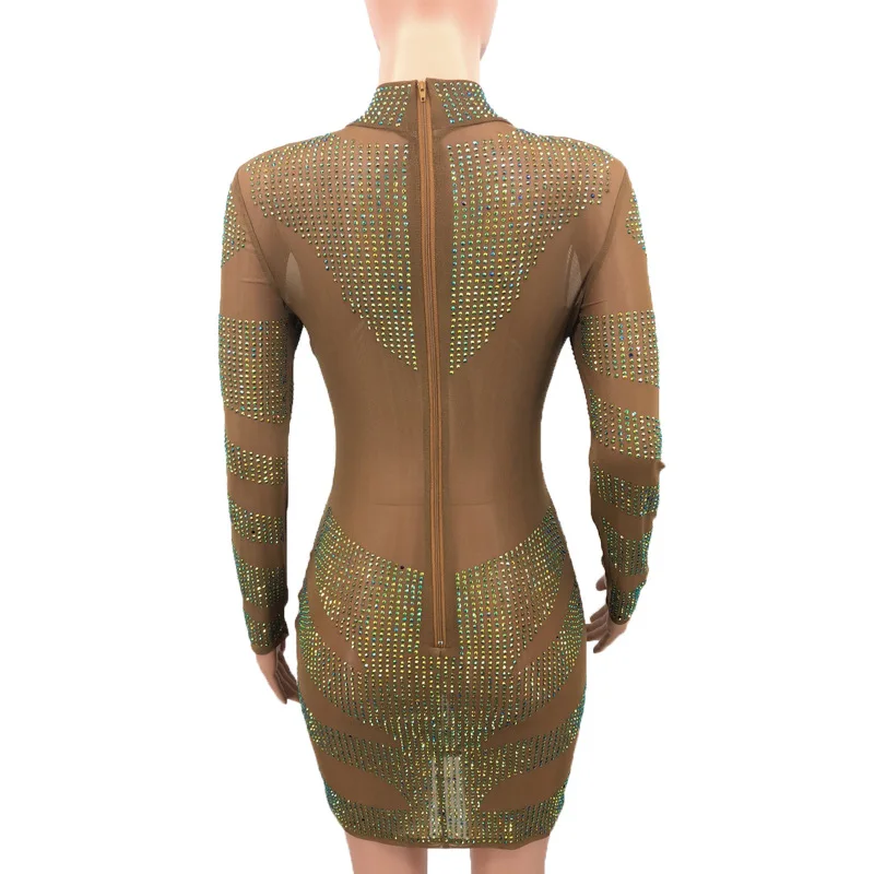 Hot selling CD8221 women fashionable long sleeve rhinestone mesh bandage mini dress