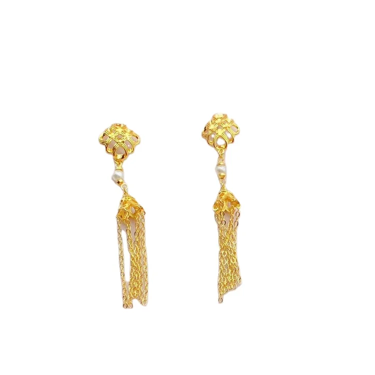 

18K Gold Plated Street Stall Small Jewelry Fashion Chinese Knot Long Tassel Earrings 3D Hard Gold Flower Earrings Wholesale