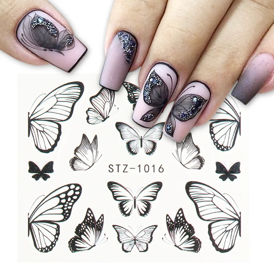 

Hot Sale 1pcs Nail Art Stickers Black Butterfly Design Pattern Water Tattoo Foil Paper Printing Transfer DIY Nail Sticker, Coloful nail painting