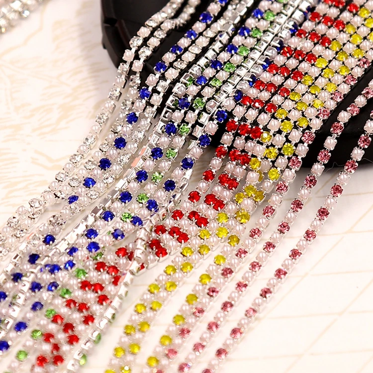 

SS6 Golden Silver Pearl Colorful Rhinestone Chain Trim High Density Imitation Pearl Rhinestone Cup Chain