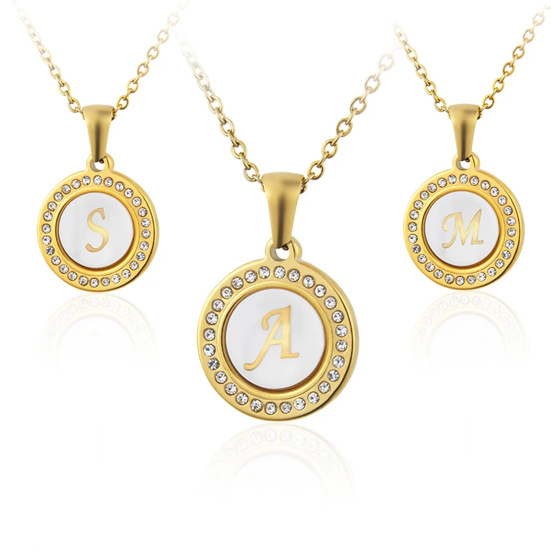 

18K Gold Stainless Steel Letter A-Z Initial Necklace Women's White Shell Inlaid Zircon Alphabet Engravable Name Pendant Necklace, Picture
