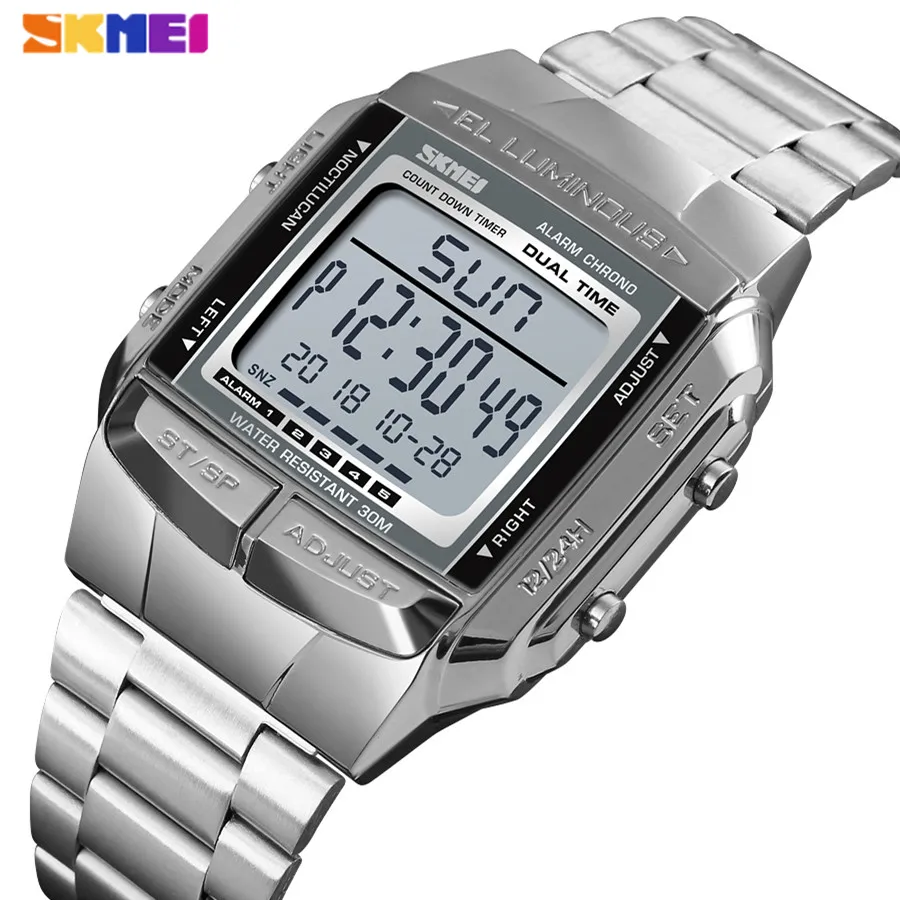 

SKMEI 1381 Men Digital Stainless Steel Watch Week Date Alarm Luminous Countdown, As pictures
