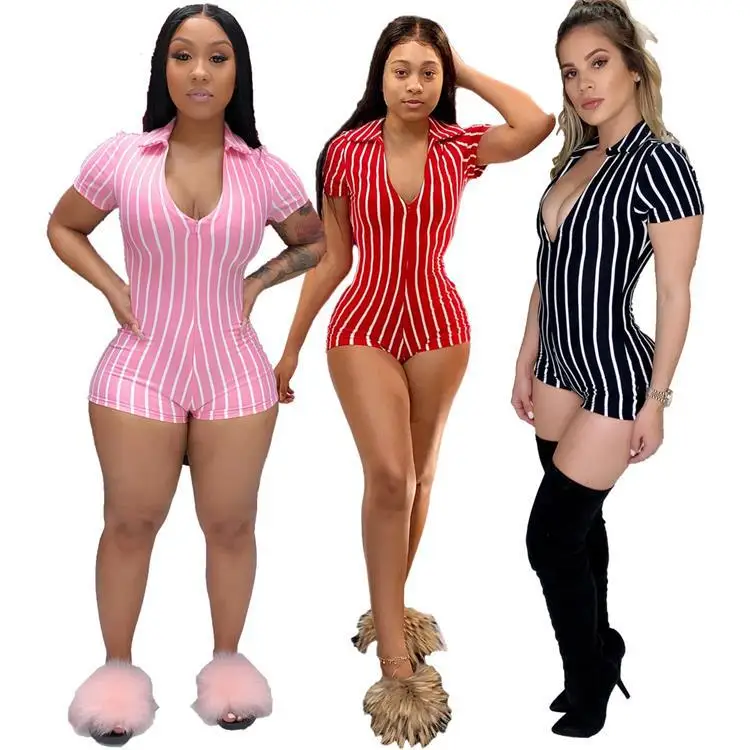 

2020 hot sell bodycon short sleeve low cut sexy women casual striped one piece short romper jumpsuit, Picture color