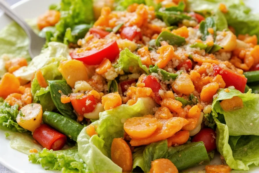 Colorful salad with carrot ginger dressing drizzled on top