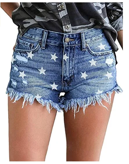 

Women Cut Off Comfy Stretchy Denim Frayed Distressed Ripped Jean Shorts, Blue, light blue, customized